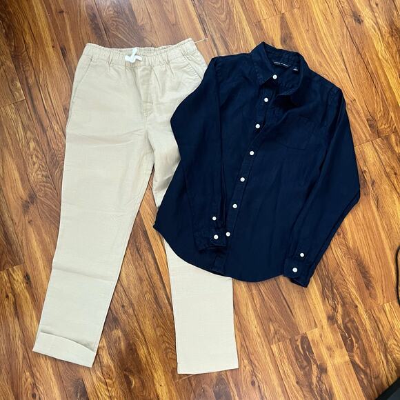 Janie and Jack Boys 10 Tan Linen Blend Pants and Blue Linen Button Front Shirt - Picture 1 of 12